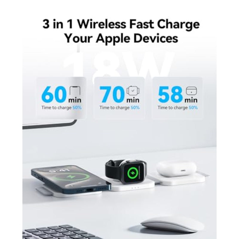 3in 1 Charging Station for Apple Multiple Devices Foldable Magnetic Fast Wireless Charger Dock Travel Charging Pad for iPhone 17 16 15 14 13 Pro Max Plus Apple Watch Series and AirPods 4/3/2/Pro, Workspace Accessory, Desk Organizer, Foldable Design